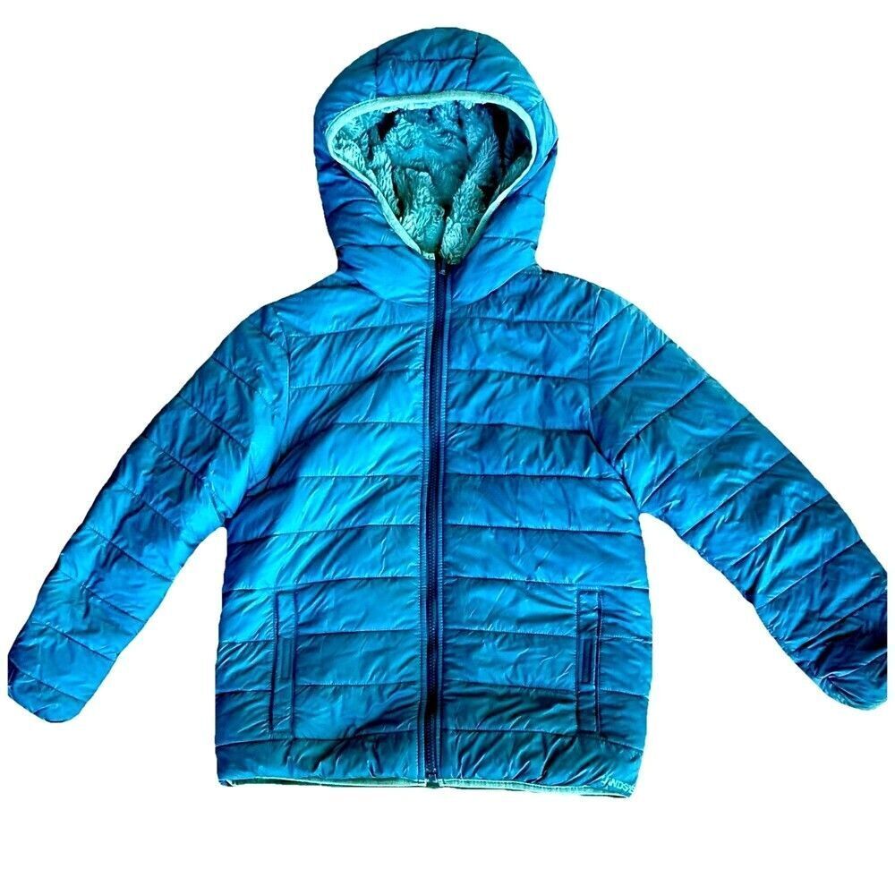 Lands' End Kids Reversible Hooded Puffer Jacket Teal Blue Size L (10-12) Fleece